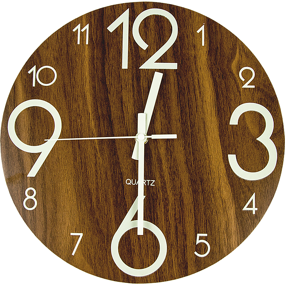 Round wooden wall clock with large white numerals and quartz hands at center