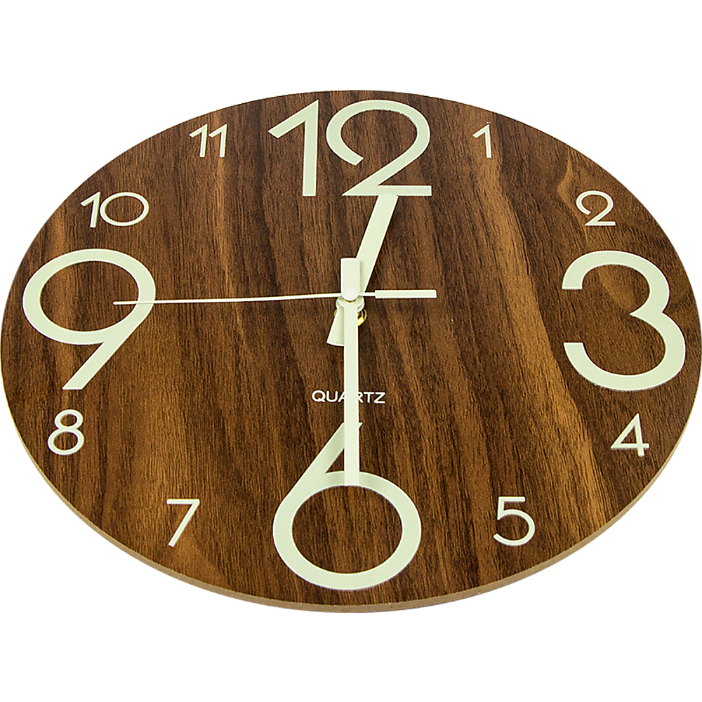 Round wooden wall clock with large white numerals and quartz hands, front view