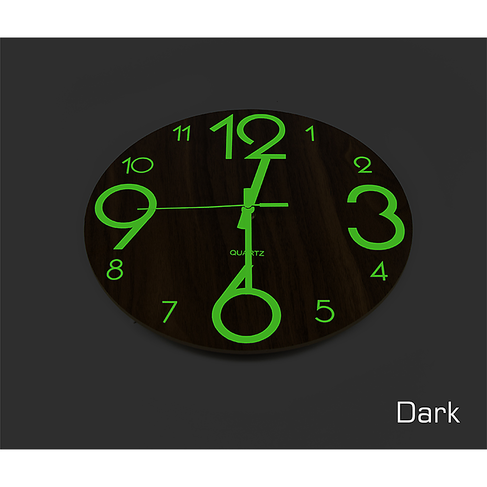 Round wooden wall clock with green glowing numerals and quartz hands on dark face