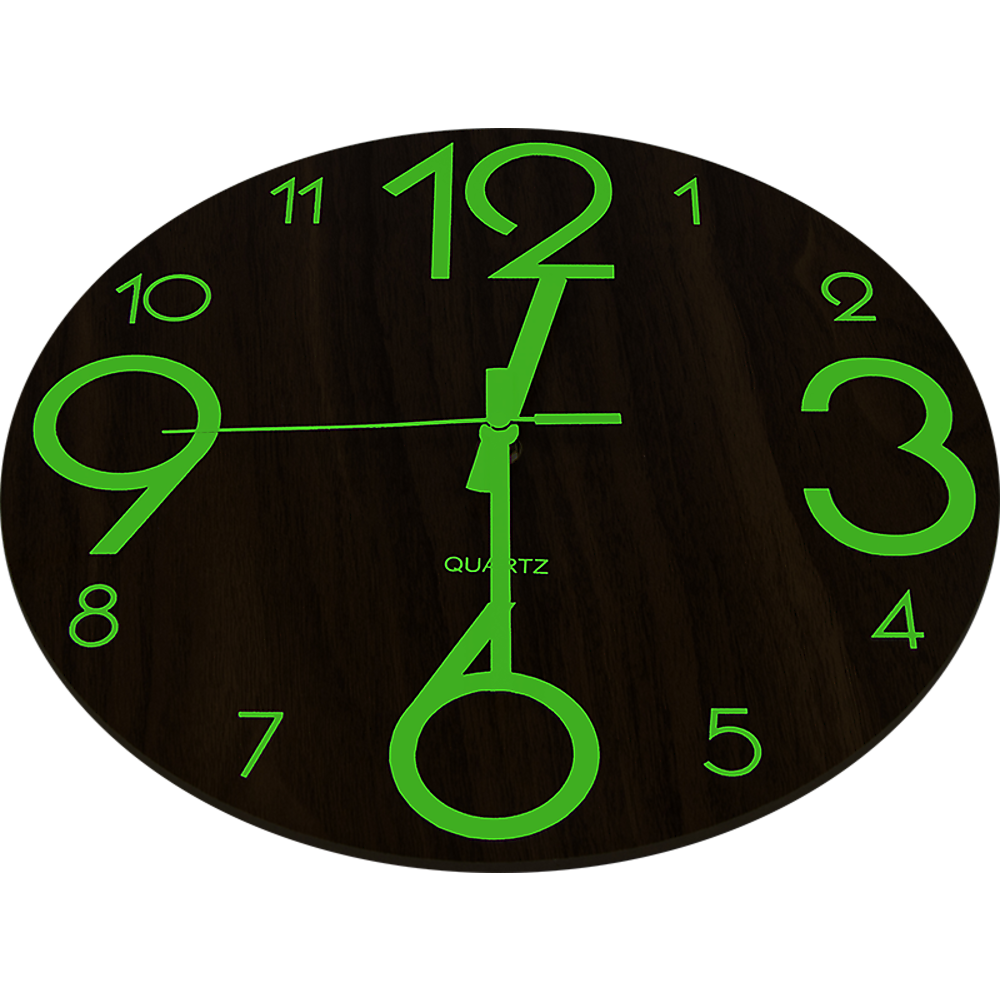 Round wooden wall clock with green glowing numerals and quartz hands, front view