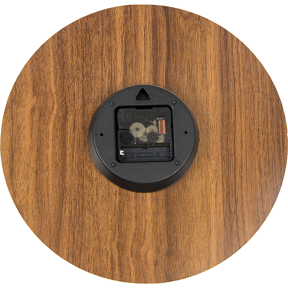 Round wooden clock back with black battery compartment and mounting holes