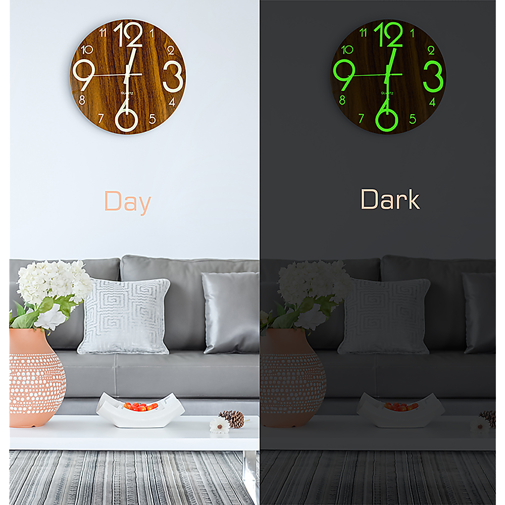 Round wooden wall clock showing day white numerals and dark-mode green glow
