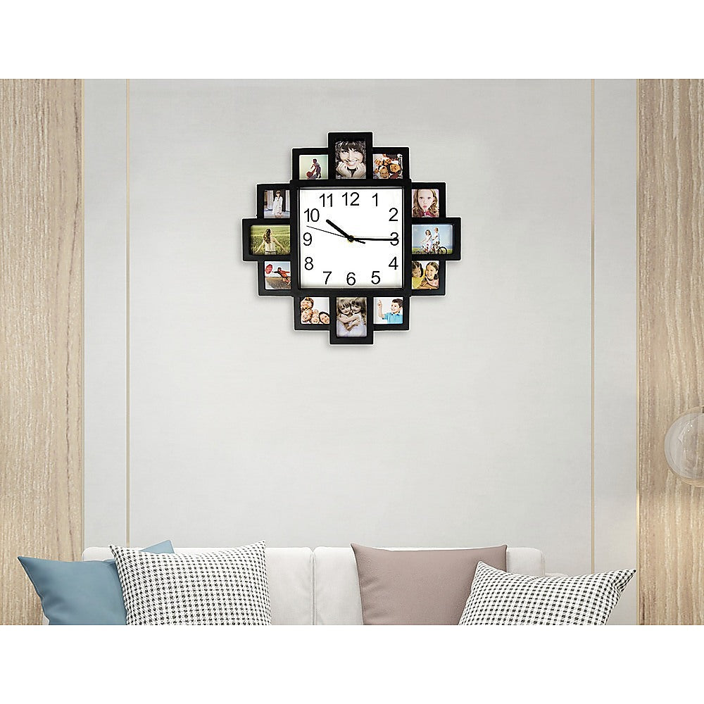 Wall photo clock collage with black square frame and white dial, displaying multiple photo inserts