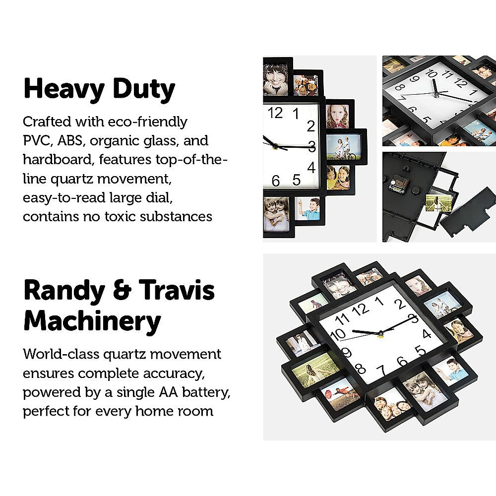 Photo clock collage with large numbers on white dial and black frame with photo tiles