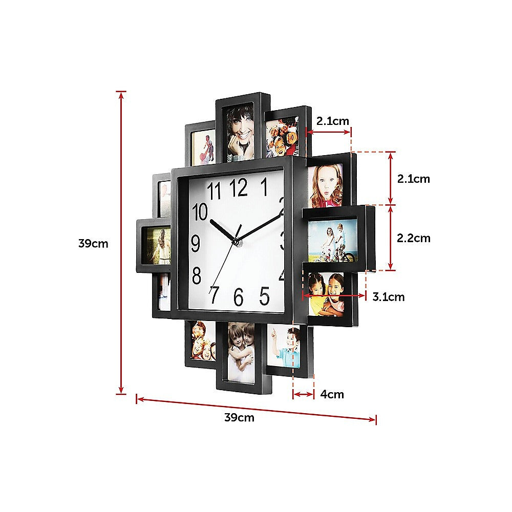 Photo clock collage with black frame, white dial, and red size measurement diagram