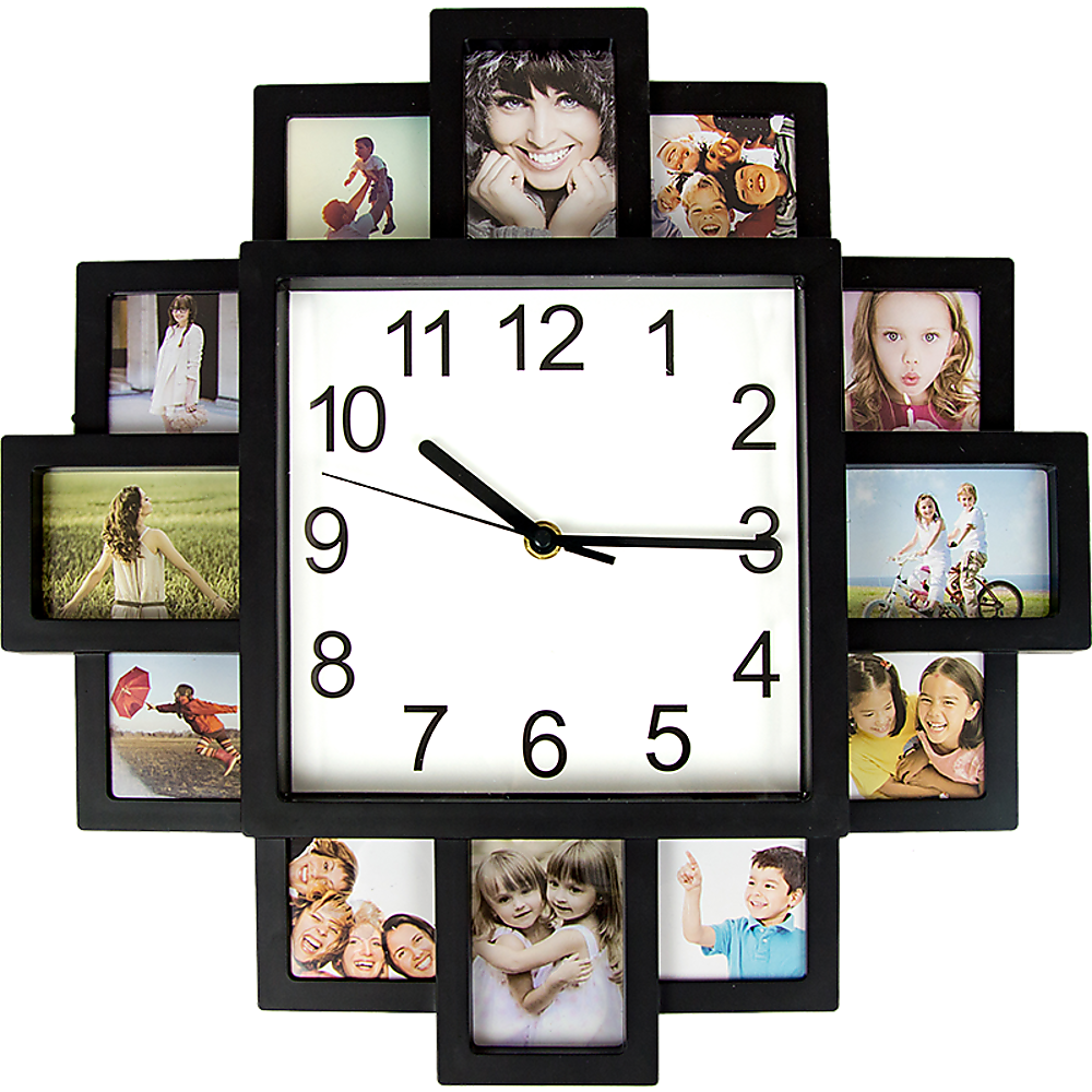 Photo clock collage with square black frame and white dial, surrounded by 12 photo panels
