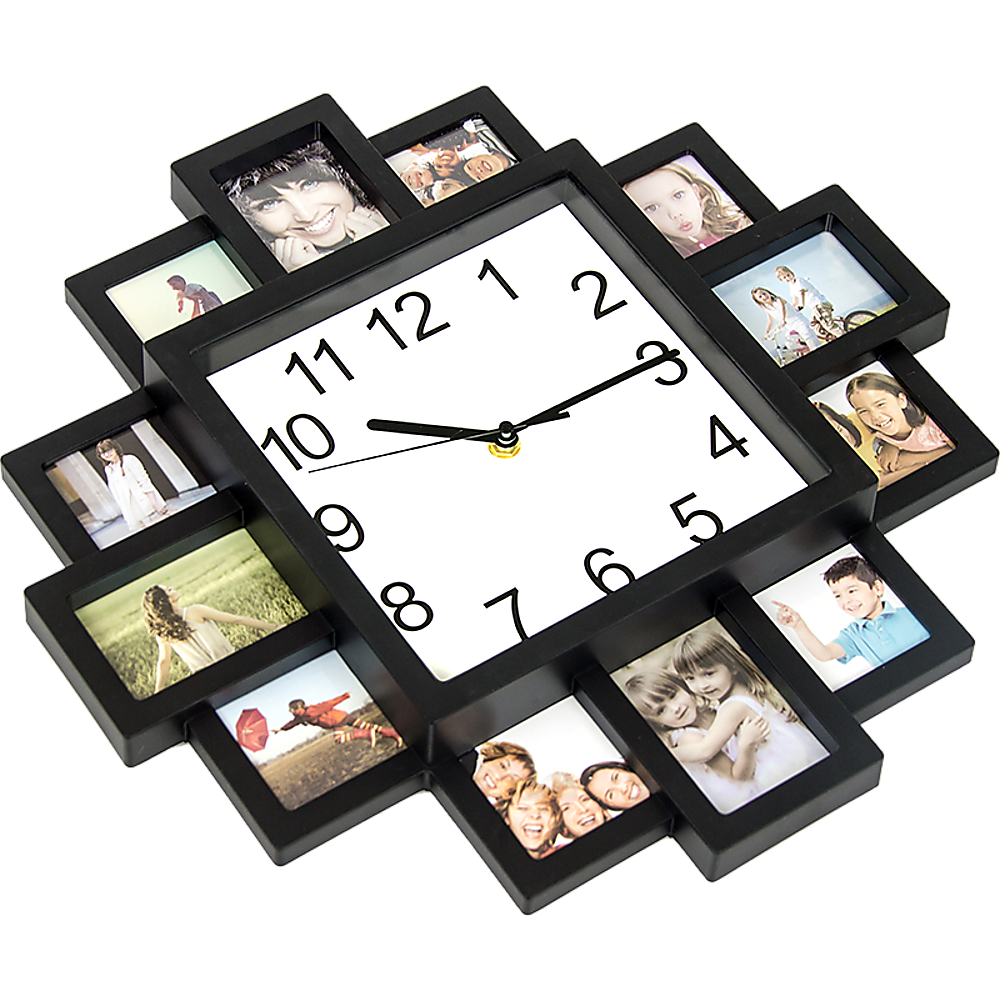 Black photo clock collage with white dial and clock hands, set in a multi-photo frame