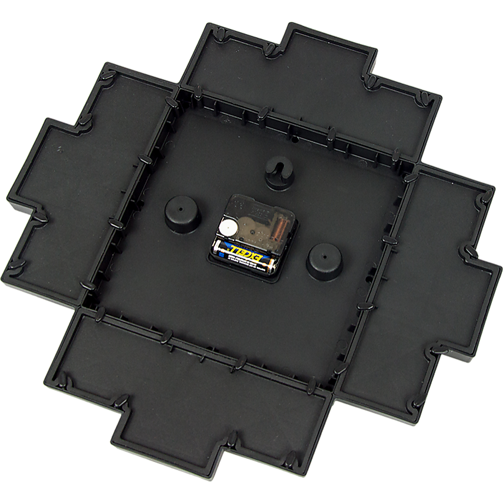 Photo clock base with black plastic back cover and battery module access points
