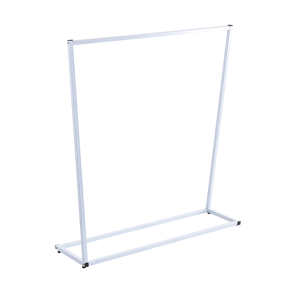 White metal garment rack with open frame and flat base