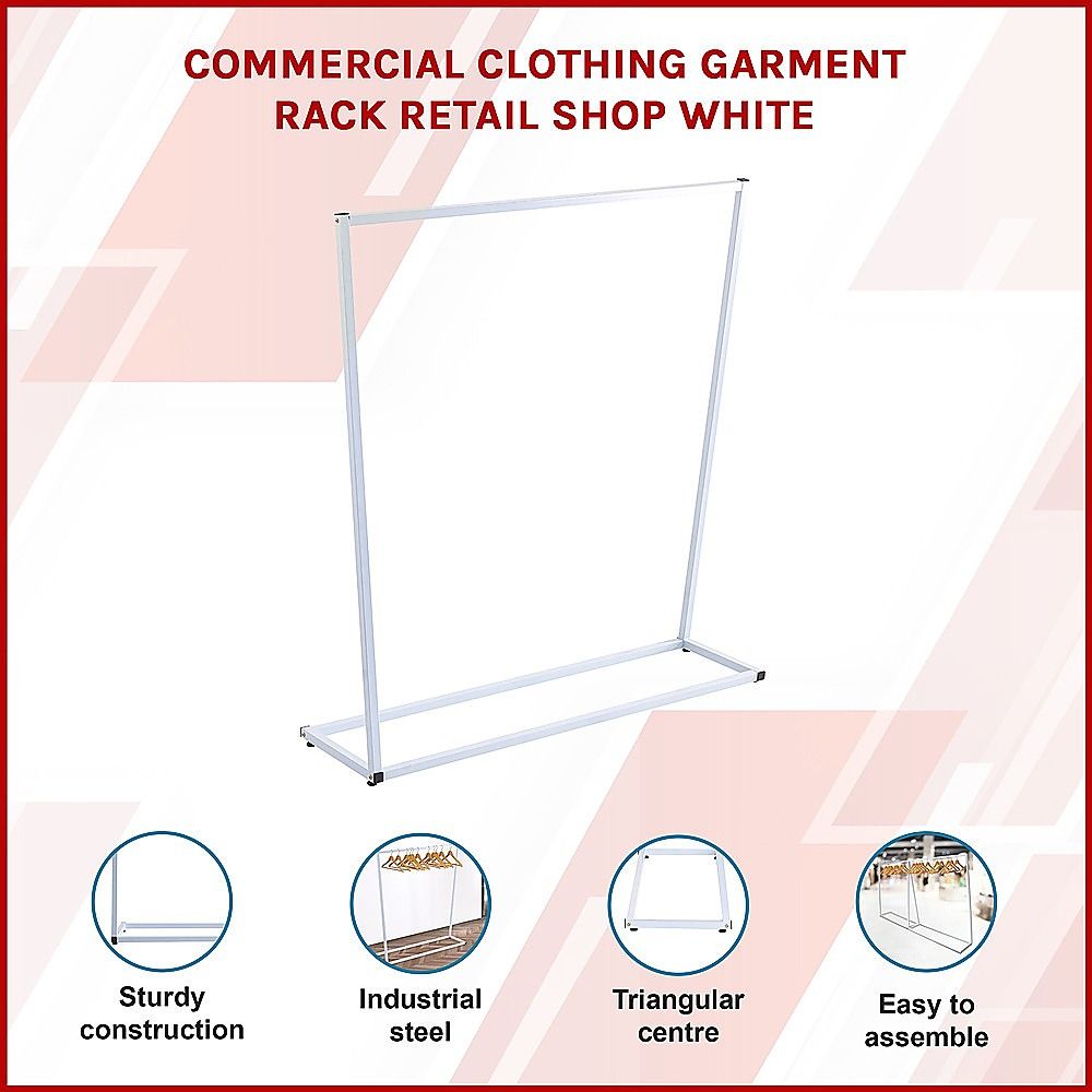 White metal garment rack with open frame and triangular center support