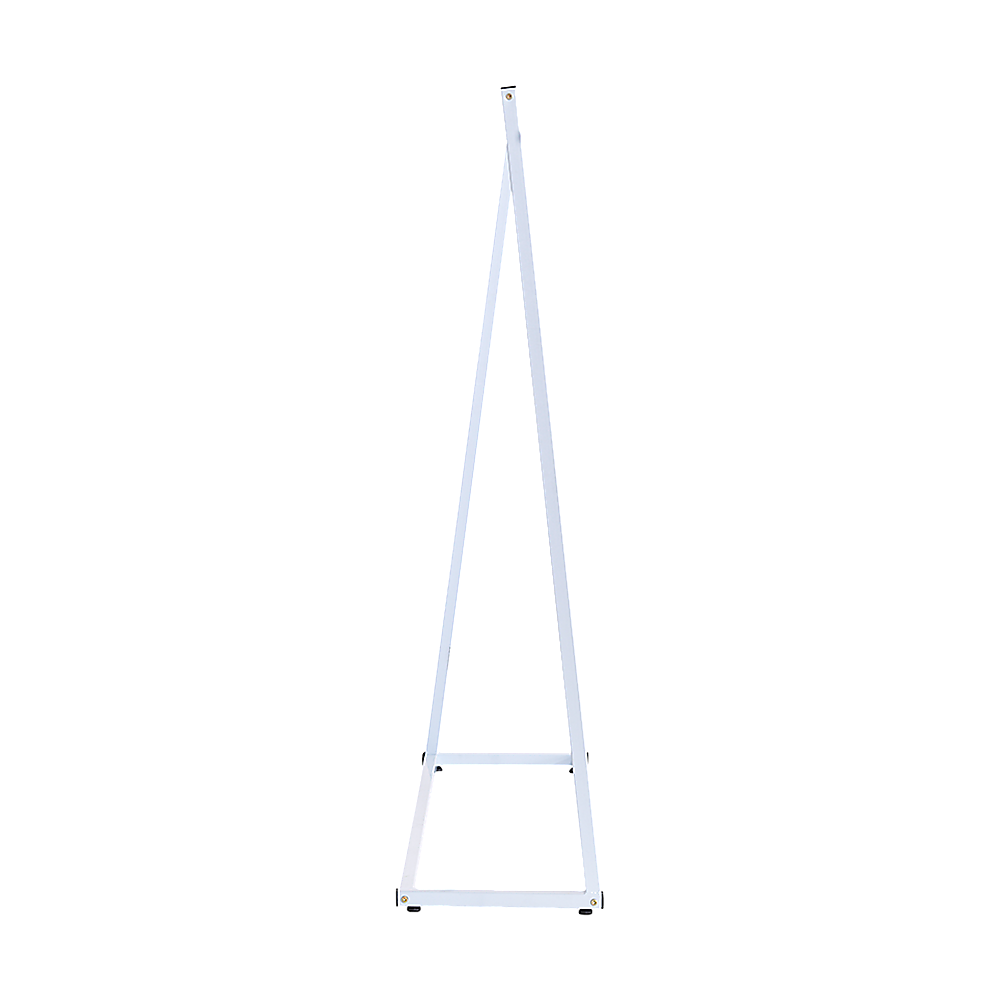 White metal garment rack stand with top bar and flat base frame