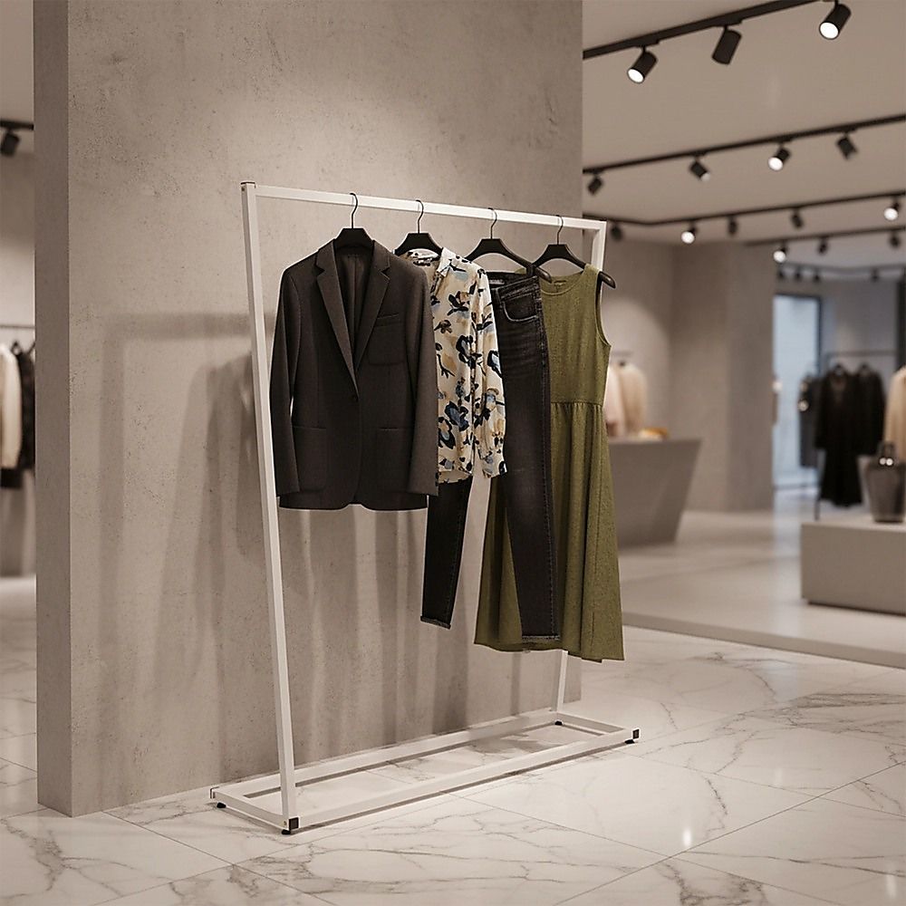 White garment rack displaying hanging jackets, dresses, and shirts