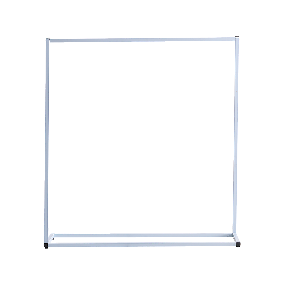 White metal garment rack with square open frame and base