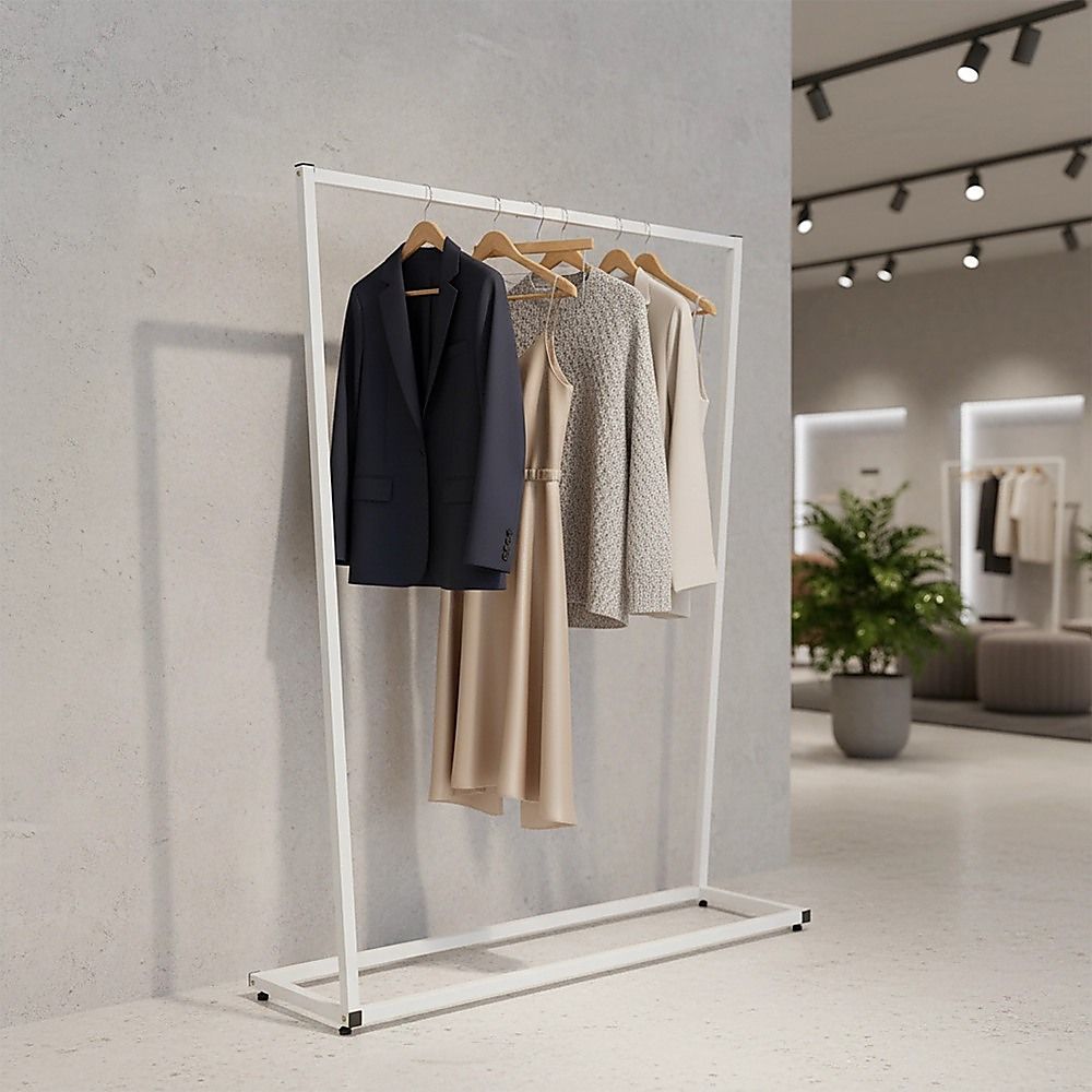 White garment rack with hanging coats and shirts on the bar