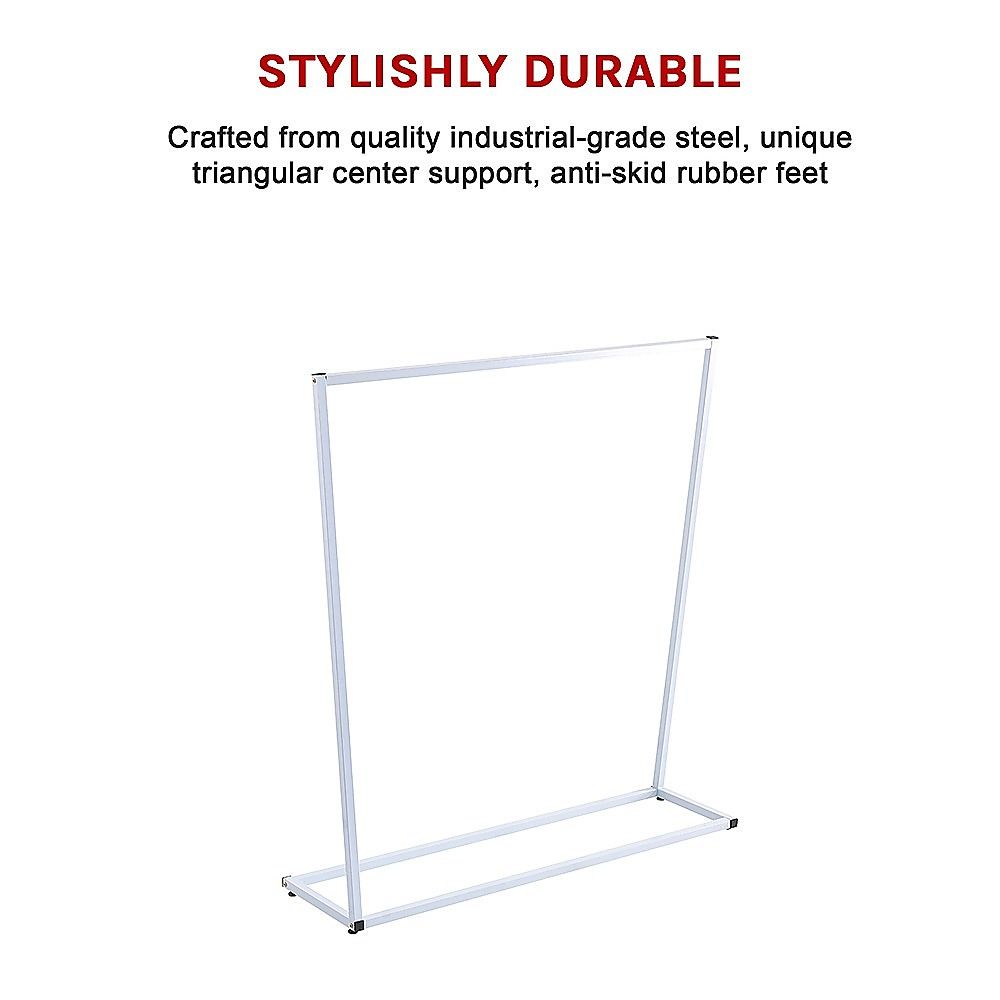 White metal clothing rack with open rectangular frame and base