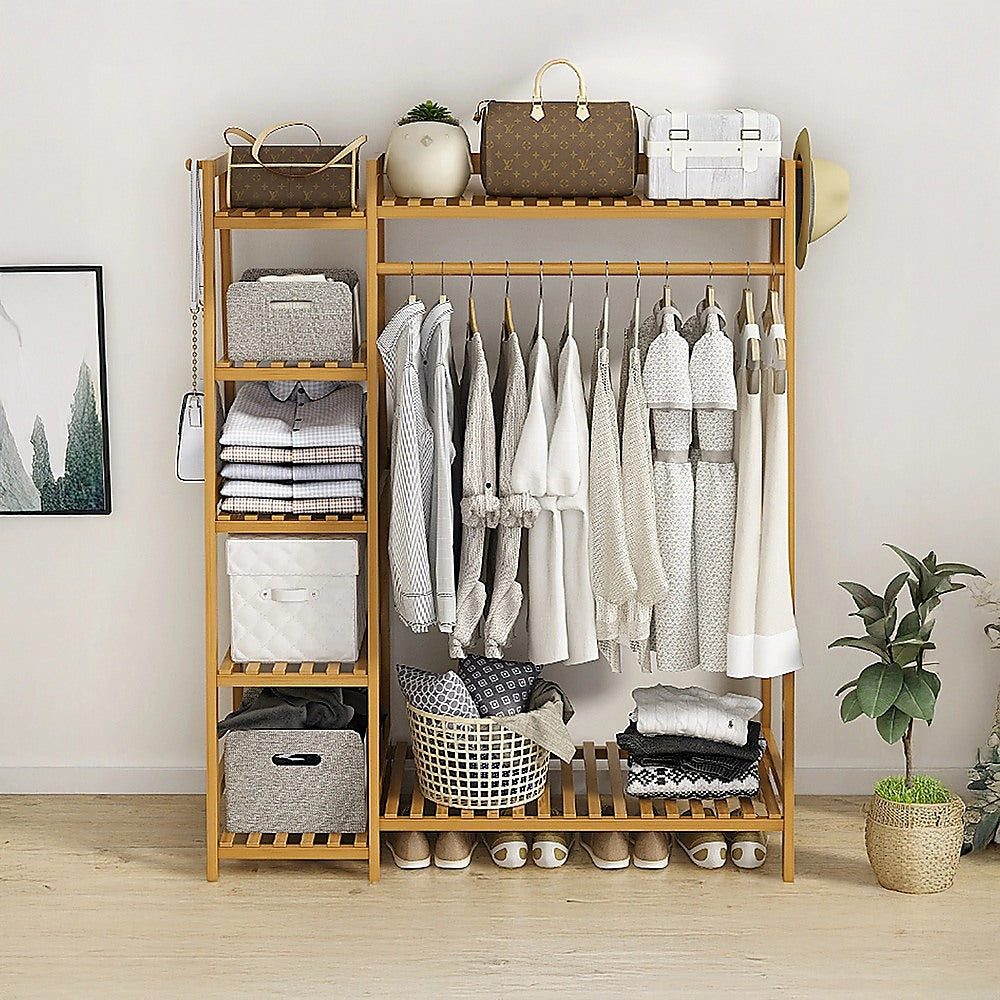 Portable Clothes Rack Coat Garment Stand Bamboo Rail Hanger Airer Closet