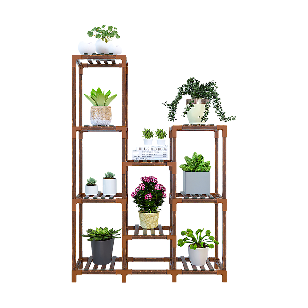 Wooden plant stand with 9 shelves holding potted plants and planters