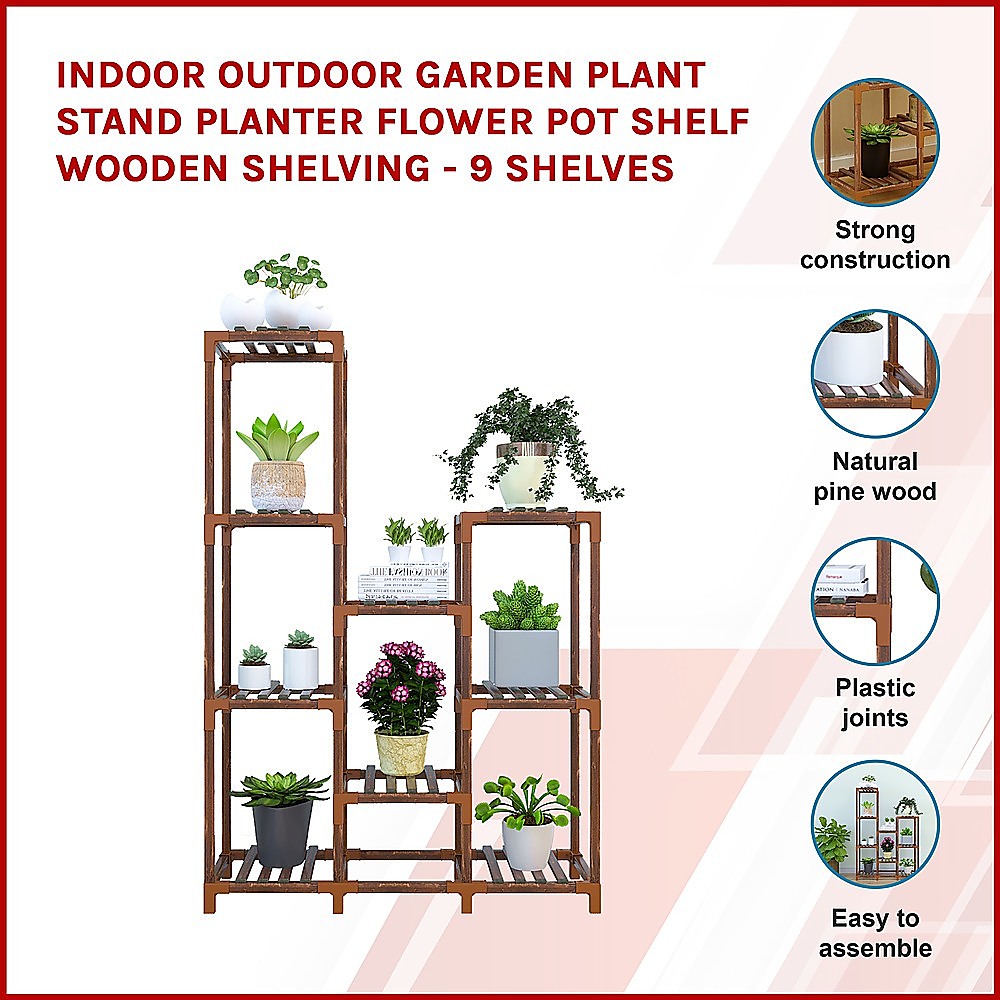 Wooden plant stand with 9 shelves and multiple planter shelves