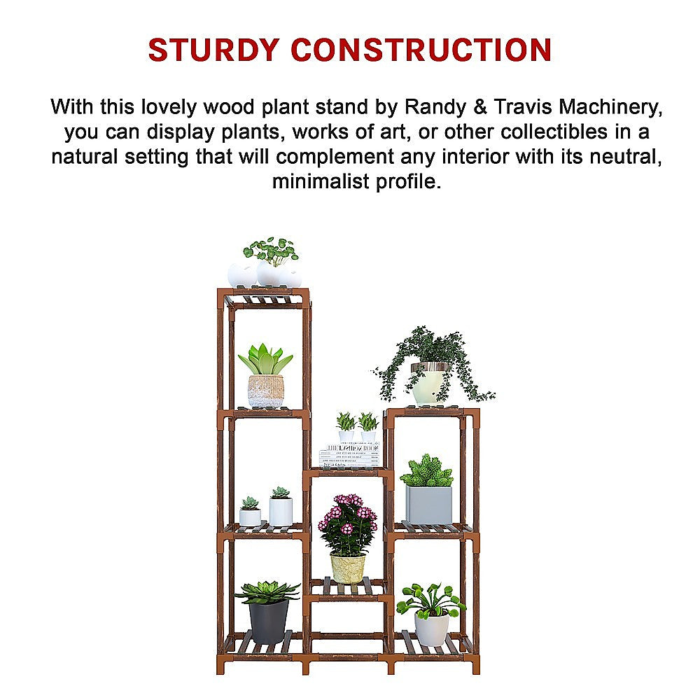 Wooden plant stand with 9 shelves holding potted plants