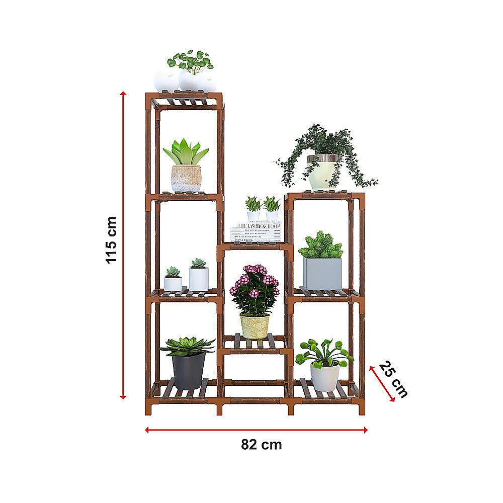 Wooden plant stand with 9 shelves, shown with size dimensions