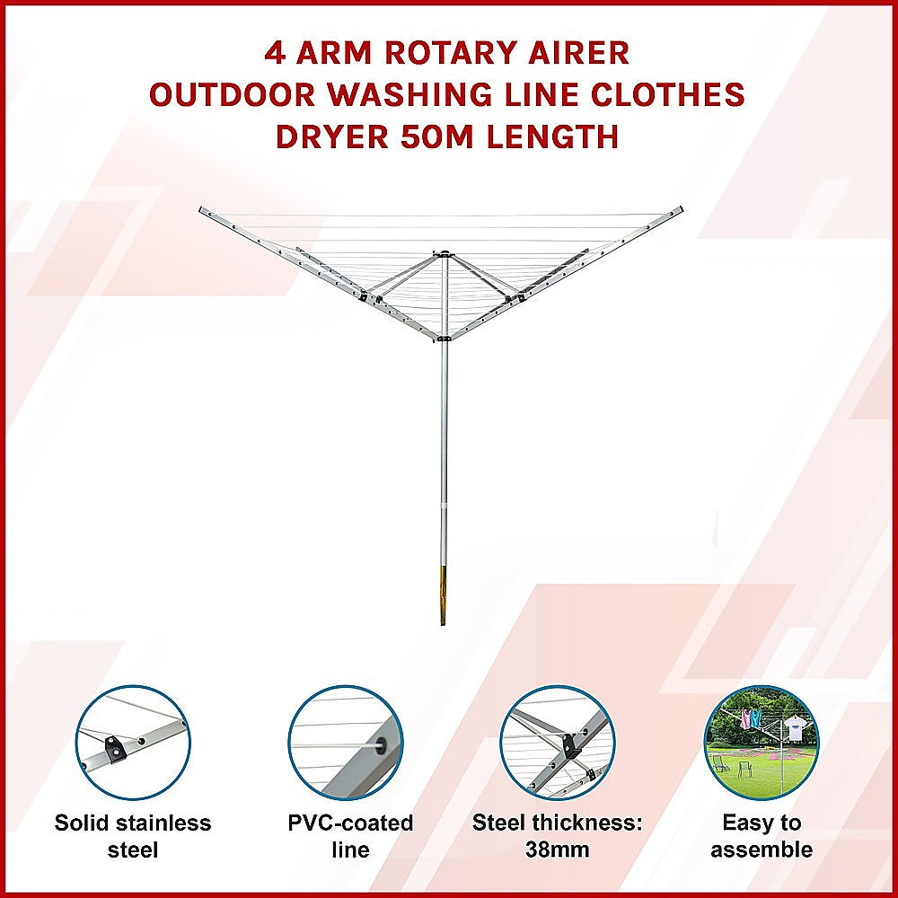 4 Arm Rotary Airer Outdoor Washing Line Clothes Dryer 50m Length