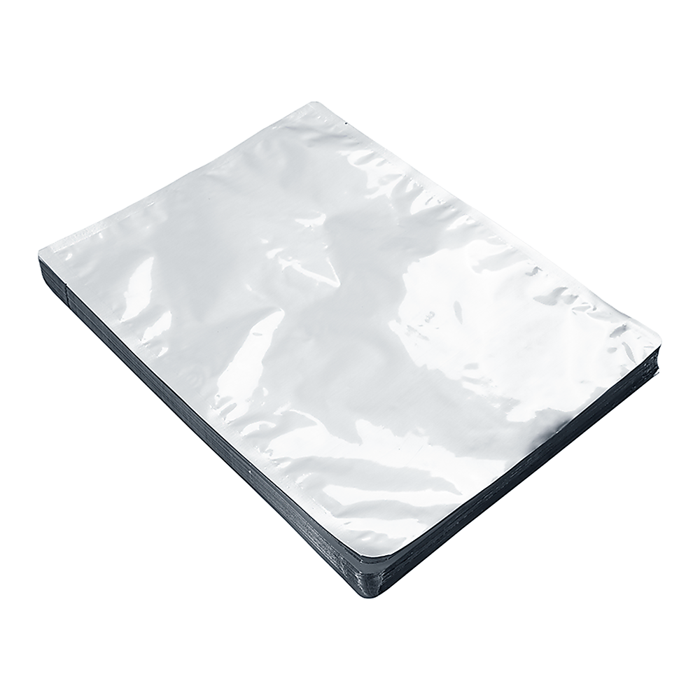 Silver Mylar vacuum storage bag pouch, heat-seal style, flat folded view.