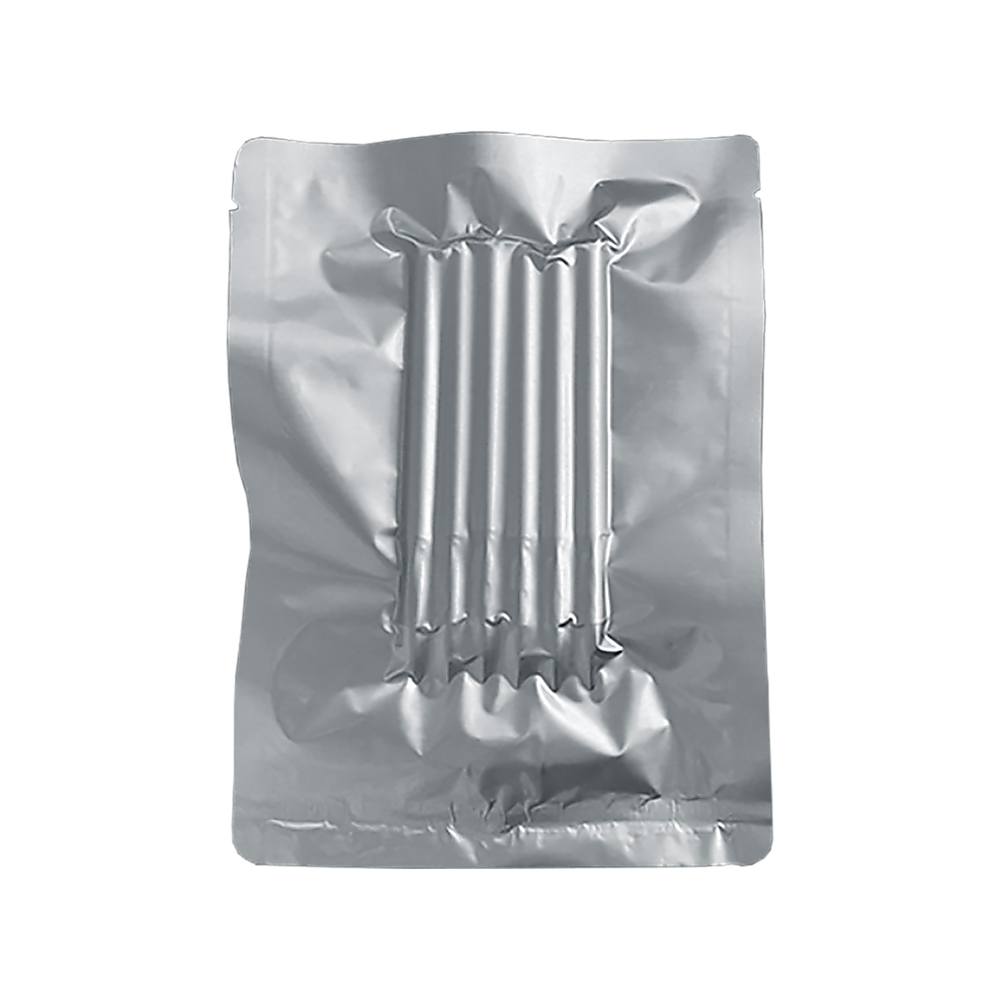 Silver Mylar vacuum storage pouch with sealed ridges at top, flat front view.