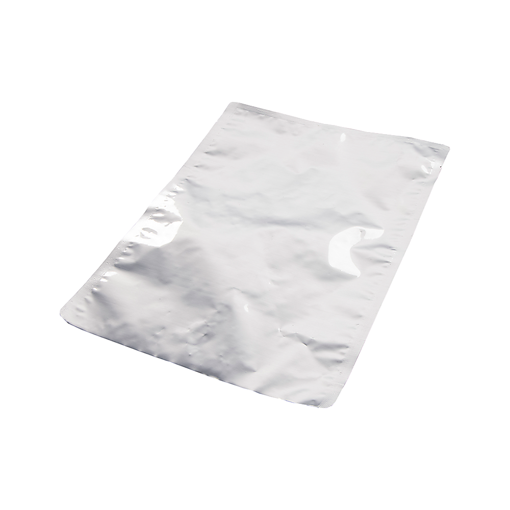 Silver Mylar vacuum storage pouch, flat folded with creases, heat-seal edge.