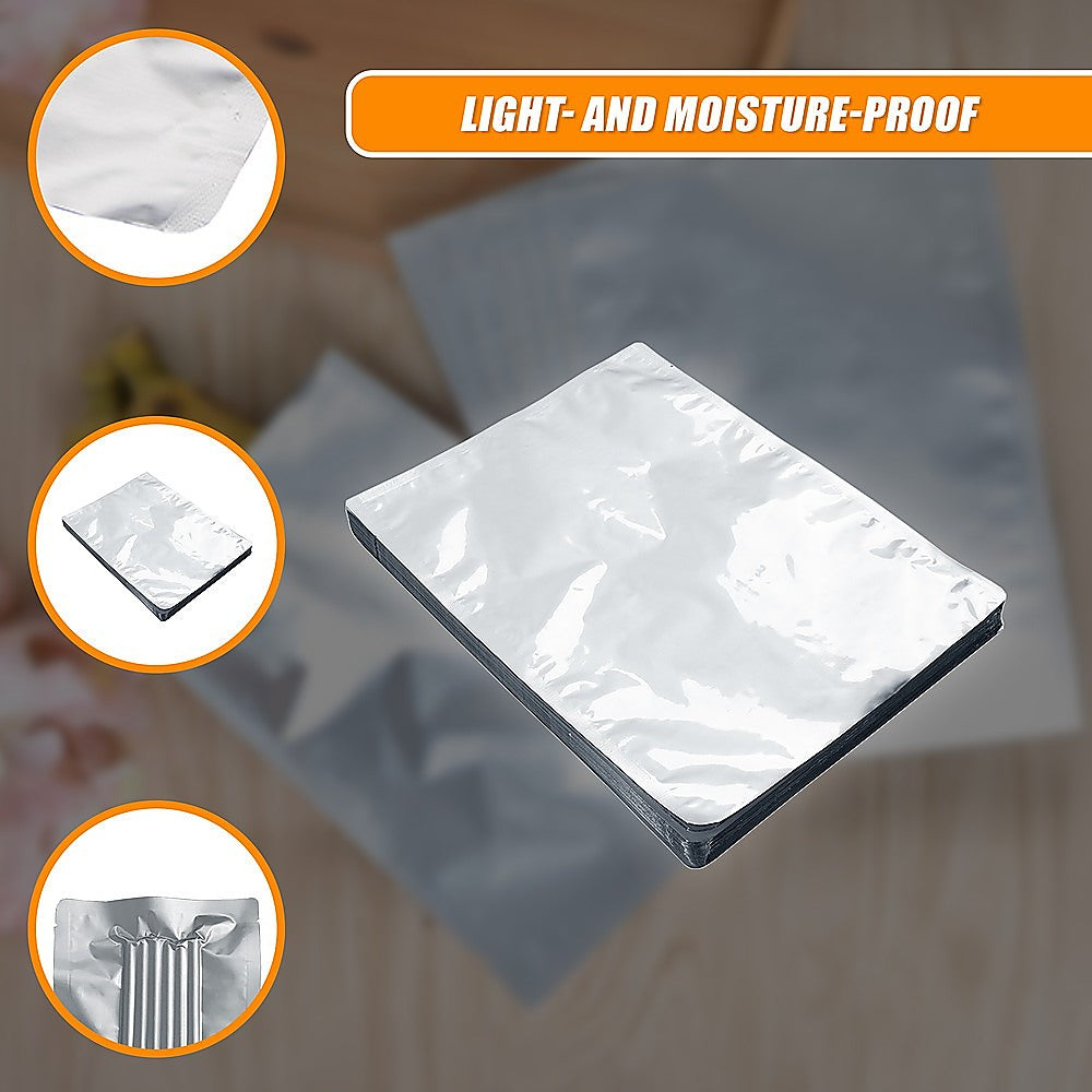 Silver heat-seal vacuum storage bag pouch, flat folded, ribbed side detail.