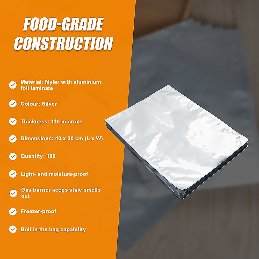 Silver vacuum storage bag pouch, front view with heat-seal edge, flat folded.