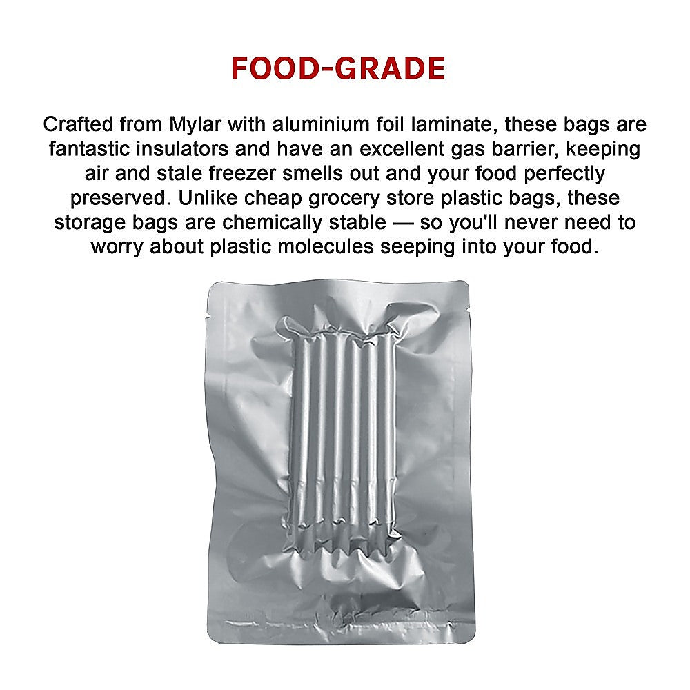 Silver Mylar vacuum storage bag with crimped top seal, front view.