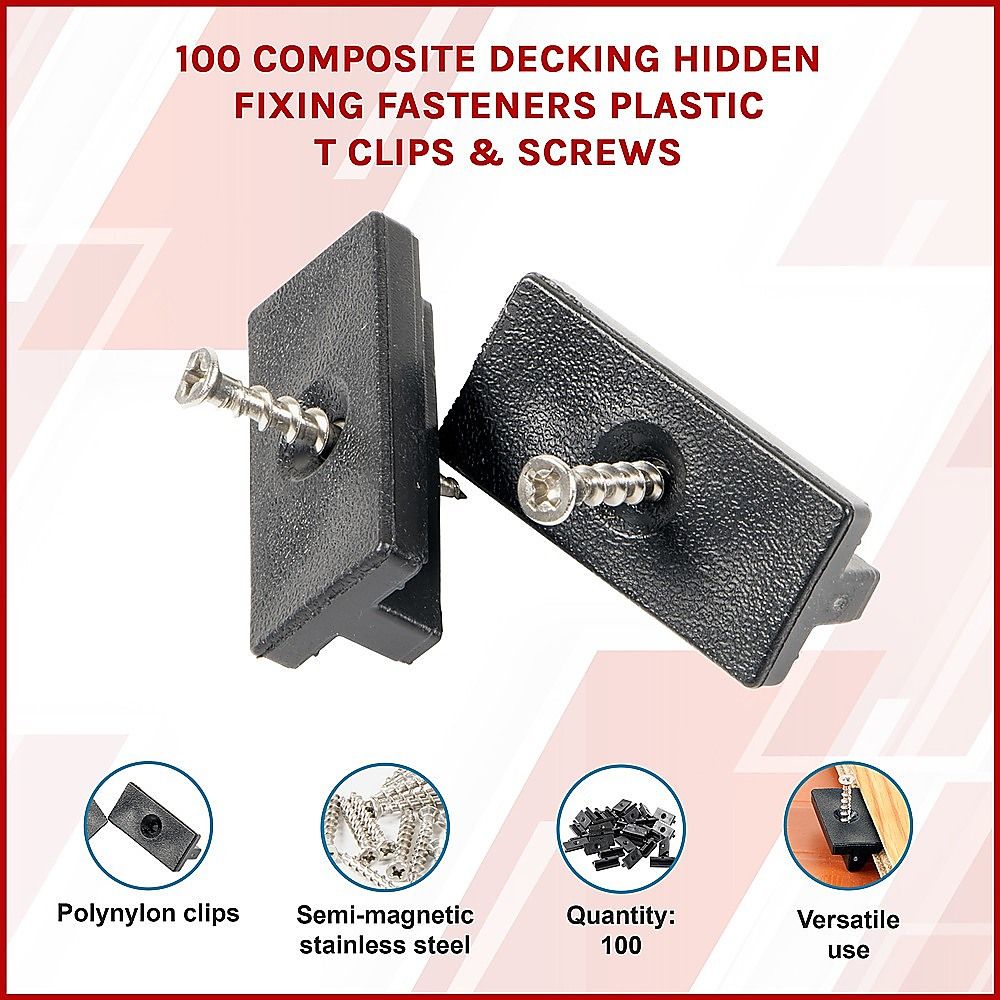 100 Composite Decking Hidden Fixing Fasteners Plastic T Clips & Screws Bedworld