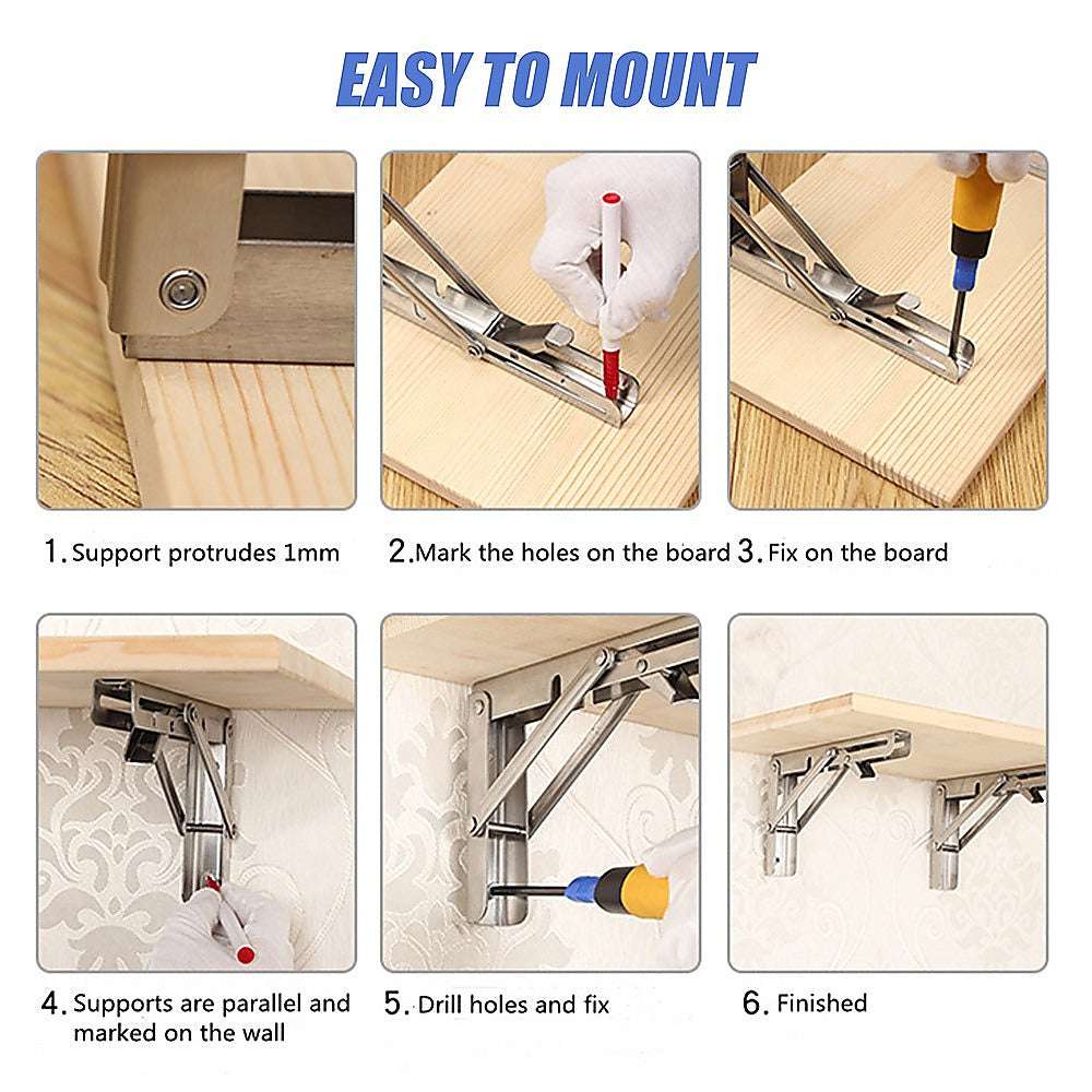 2x 10" Stainless Steel Folding Table Bracket Shelf Bench 50kg Load Heavy Duty