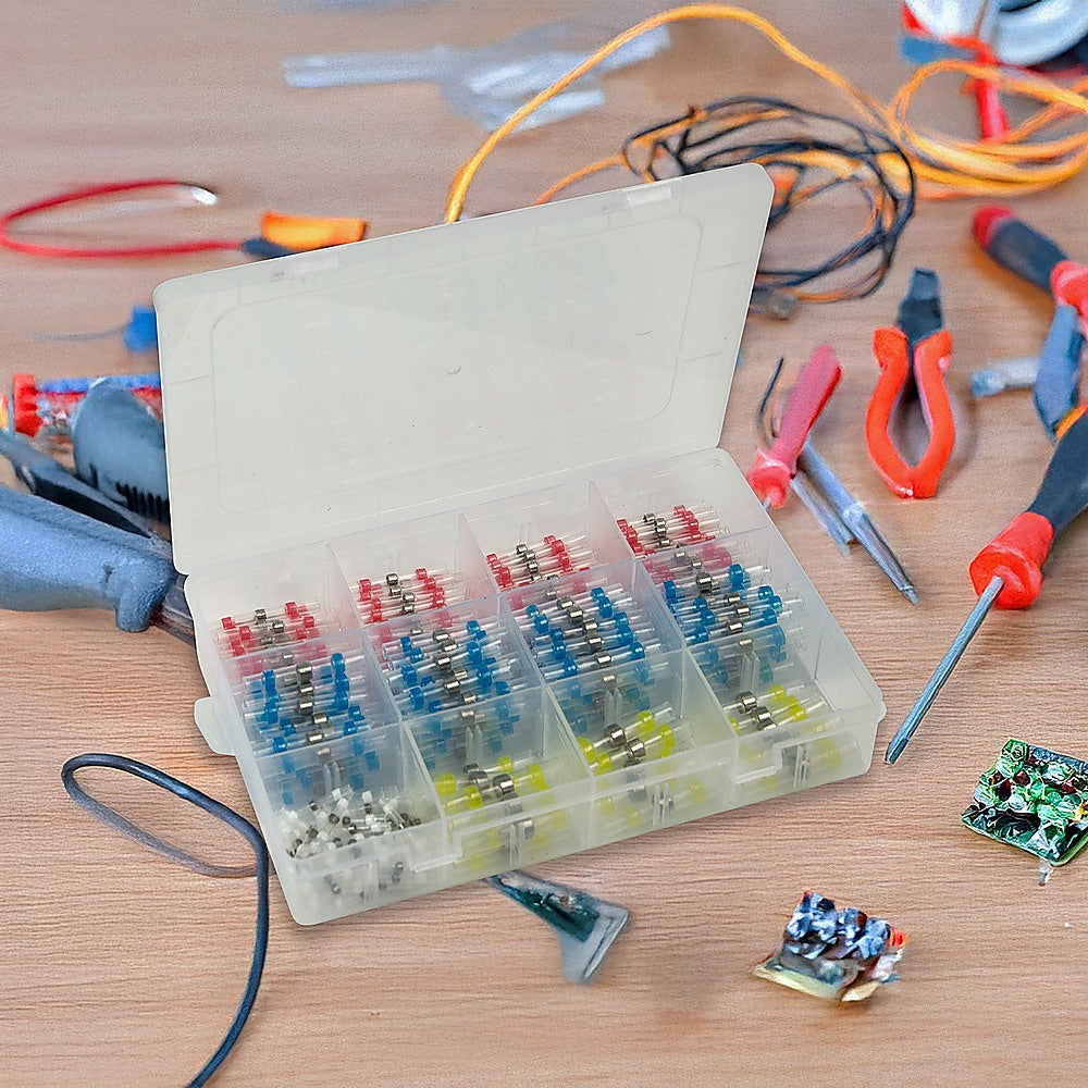 Heat shrink solder seal butt connectors set in clear storage box with color-coded terminals