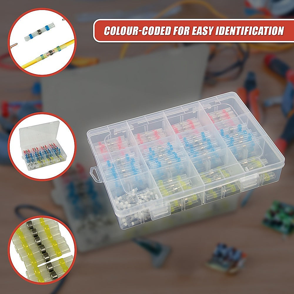 Clear storage box of color-coded heat-shrink solder butt connectors with visible terminal ends