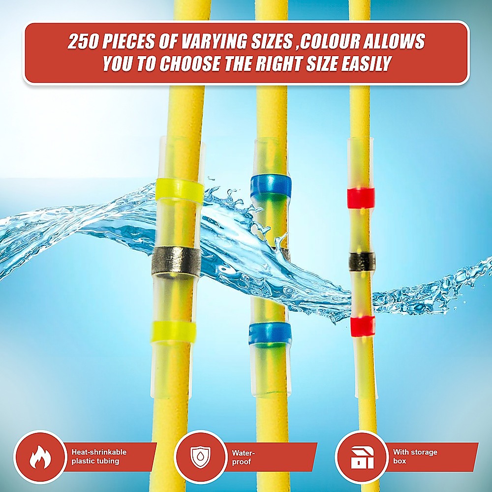 Waterproof heat-shrink solder sleeves joined on three yellow wires with colored seal bands