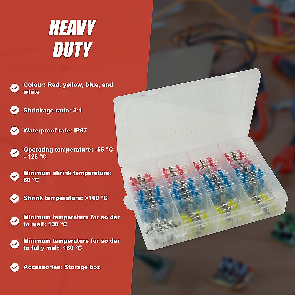 Heavy duty waterproof solder seal sleeve connectors in open clear storage box with terminal rows