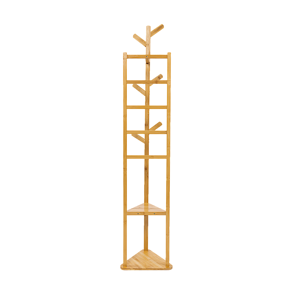 Wooden coat rack with tree-style hooks and rounded base shelves