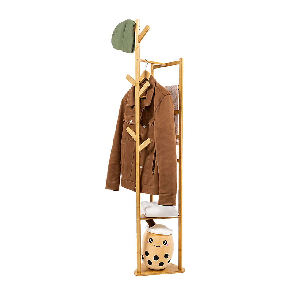 Wooden coat rack with hanging jacket, cap, and lower storage basket