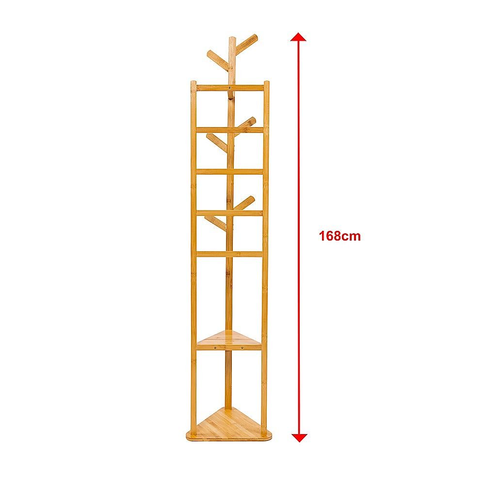 Wooden coat rack height diagram with tree-style frame and rounded base