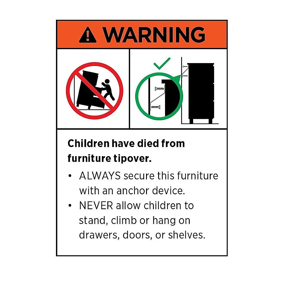 Warning label with safety icons and child-safety instructions for furniture anchoring.