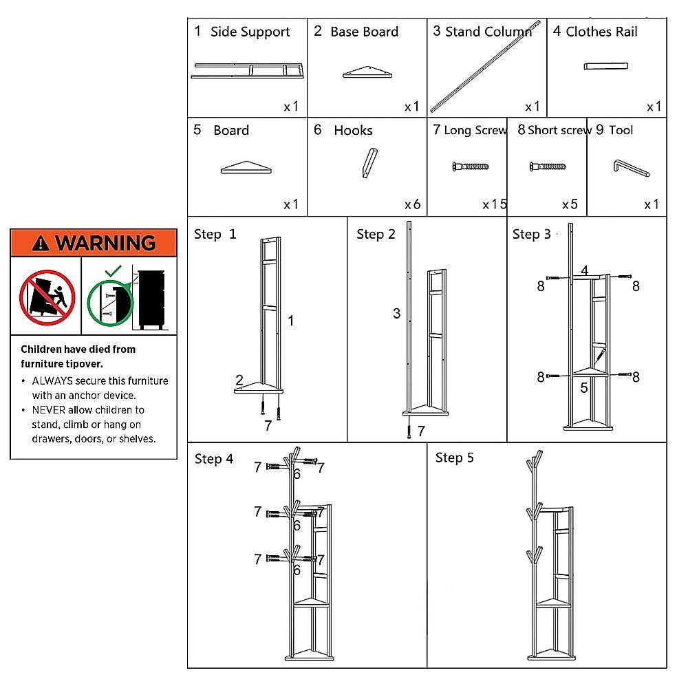 Clothes coat rack assembly diagram with labeled parts and step-by-step building instructions.