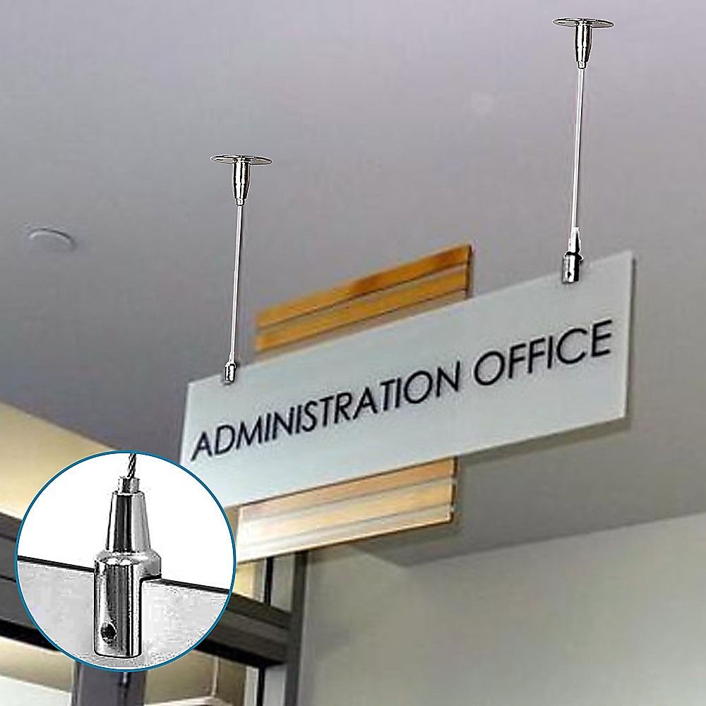 Stainless steel suspension hook cable with ceiling mount hardware for hanging signage