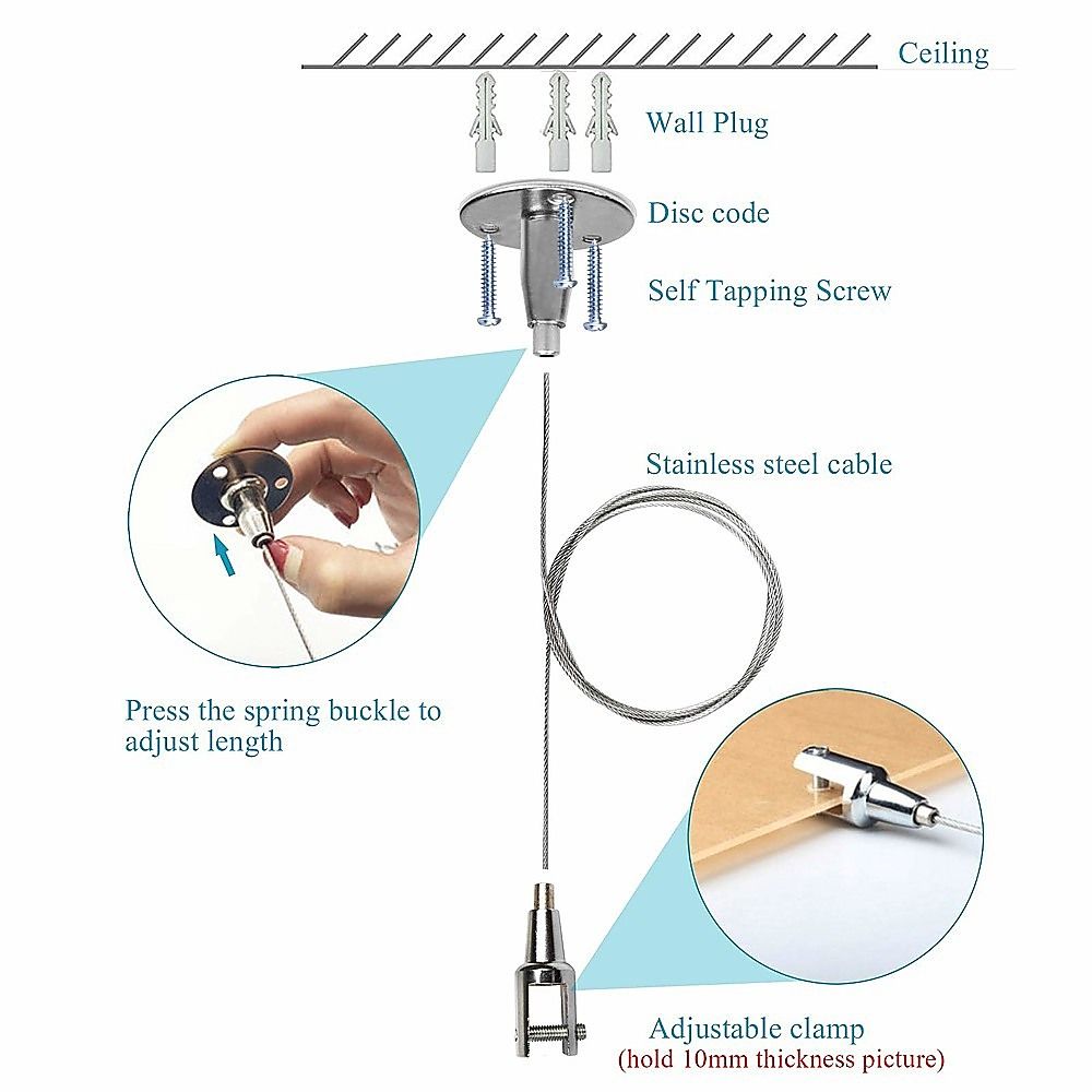 Ceiling suspension kit parts: stainless steel cable, adjustable clamp, screws, wall plug