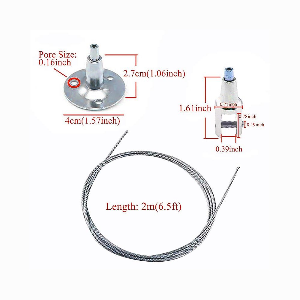 Braided stainless steel suspension cable with ceiling mounting disk and spring buckle, 2m