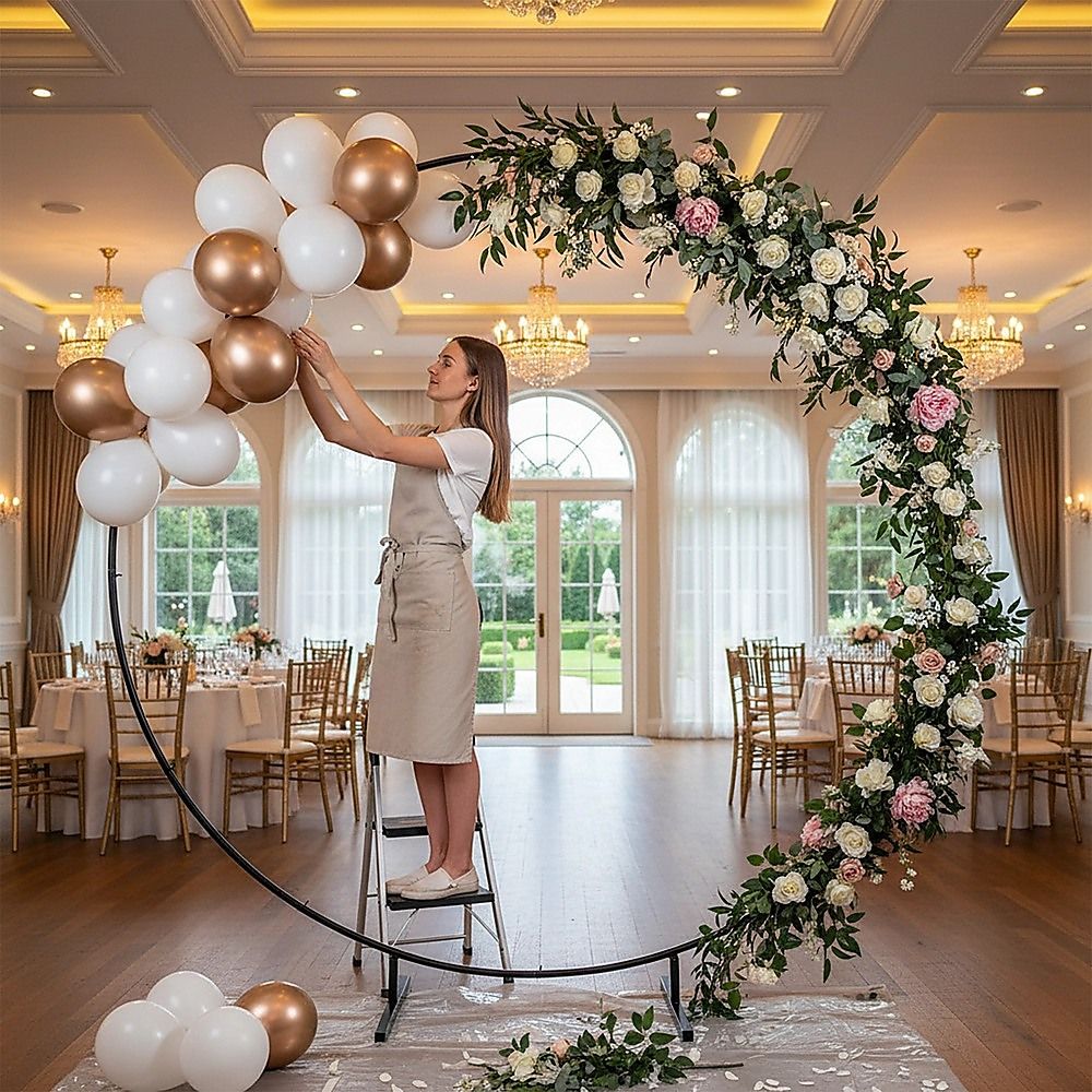 Black round hoop backdrop stand with tripod base and floral display