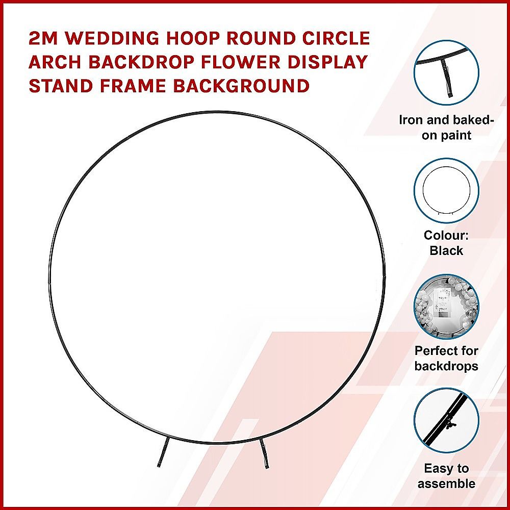 Black round metal hoop backdrop frame with two support legs, product diagram