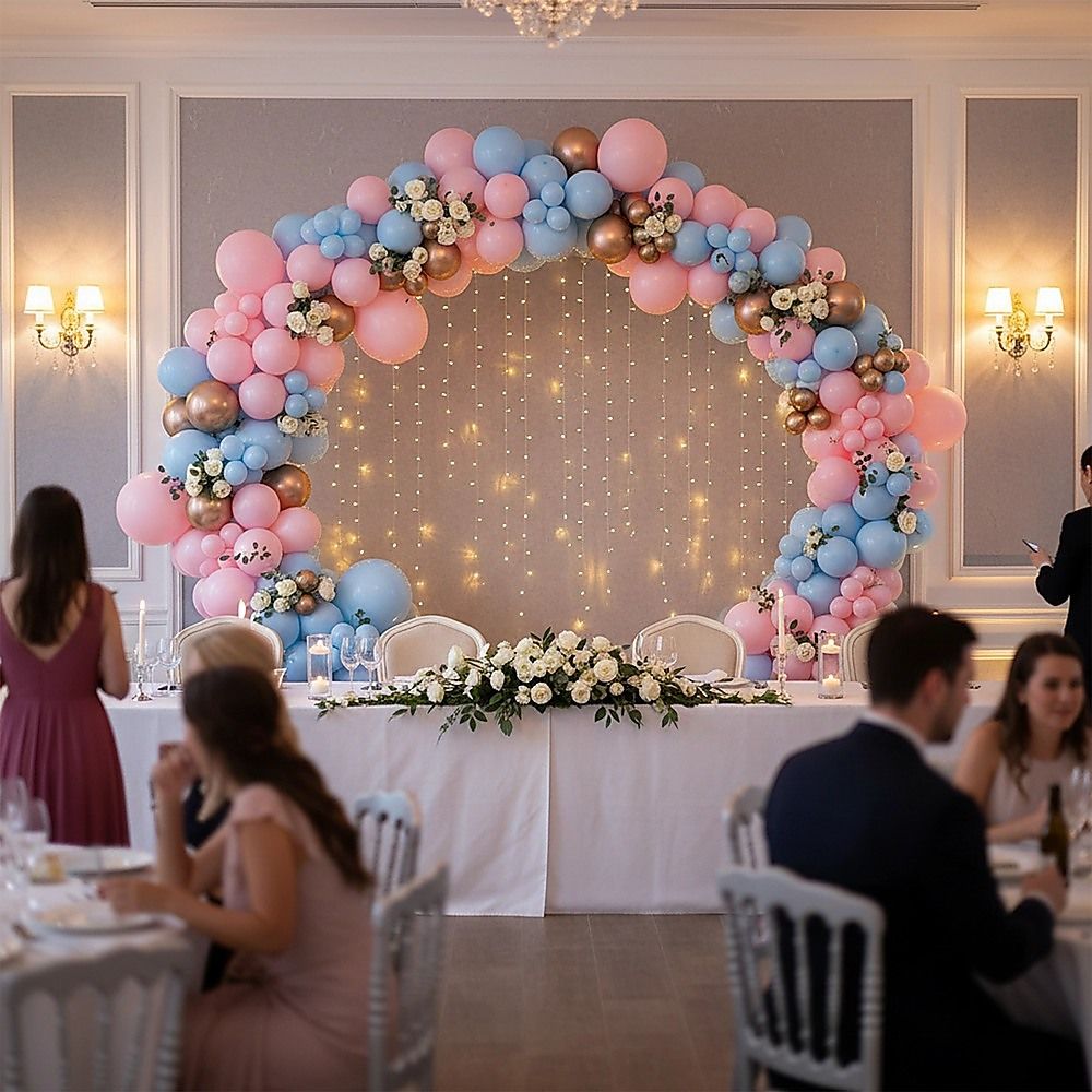 Round hoop backdrop stand with pink and blue balloon floral arch
