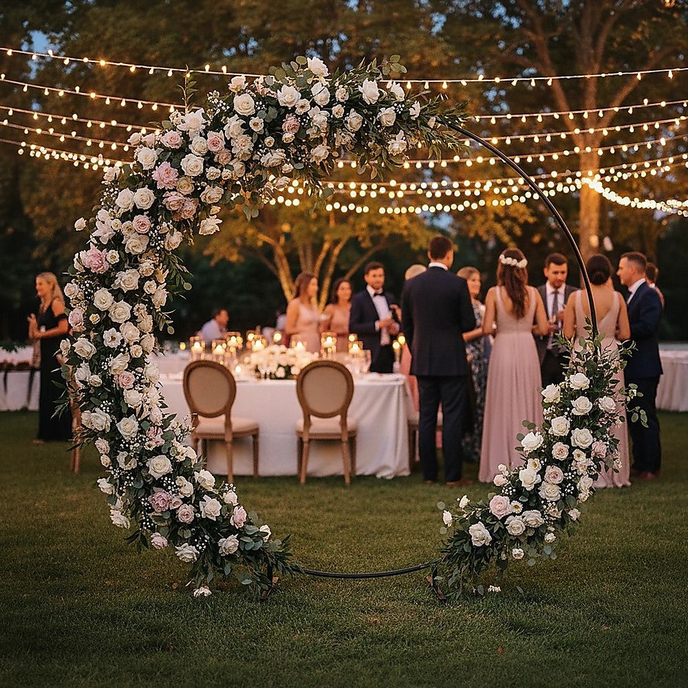 Outdoor round hoop backdrop stand decorated with flowers and string lights