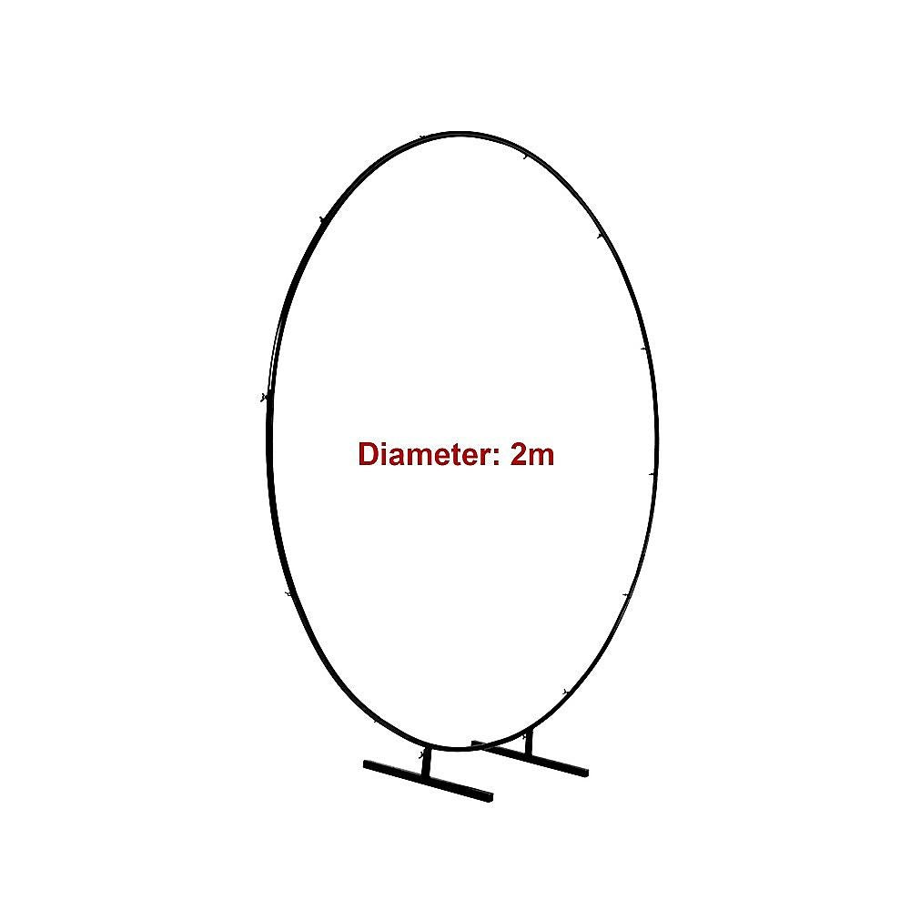 Black round metal hoop backdrop frame, 2 m diameter with two legs